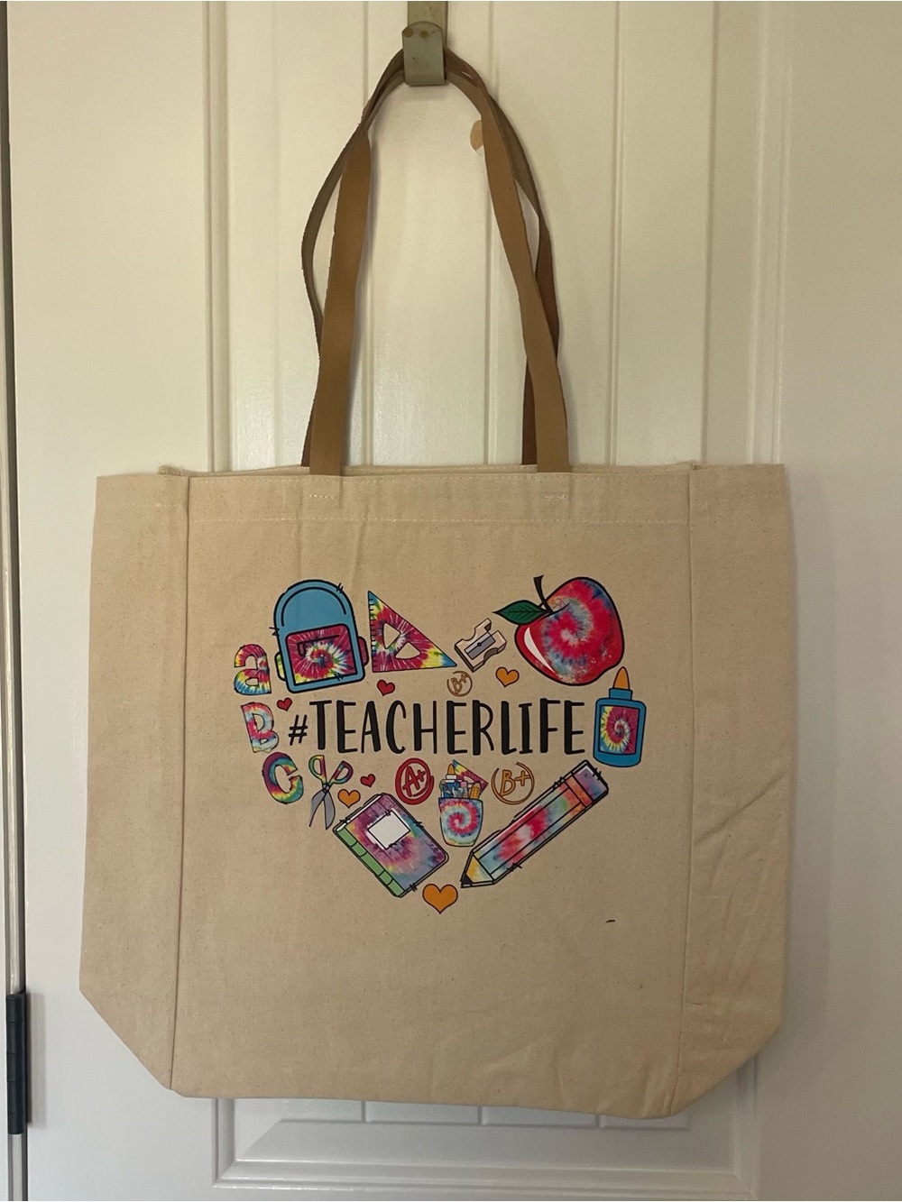 #TeacherLife Natural Canvas Tote with Tan Straps